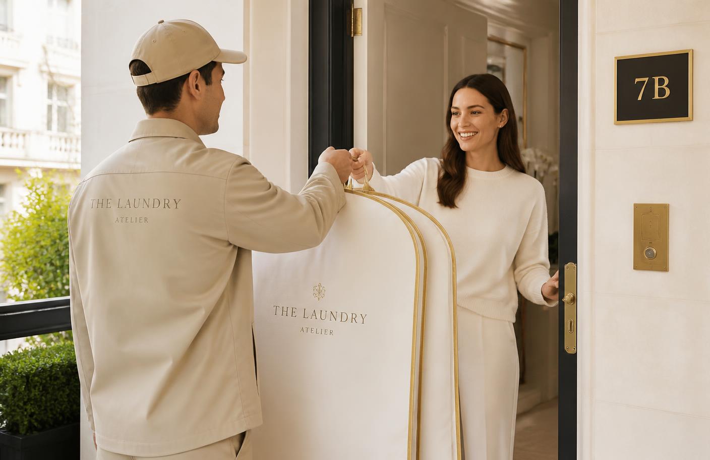 Cleaned garments in luxury covers delivered to a customer's door