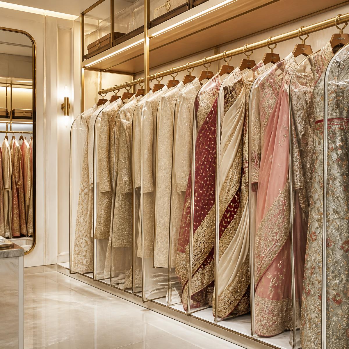 Indian bridal garments in protective covers on brass rails