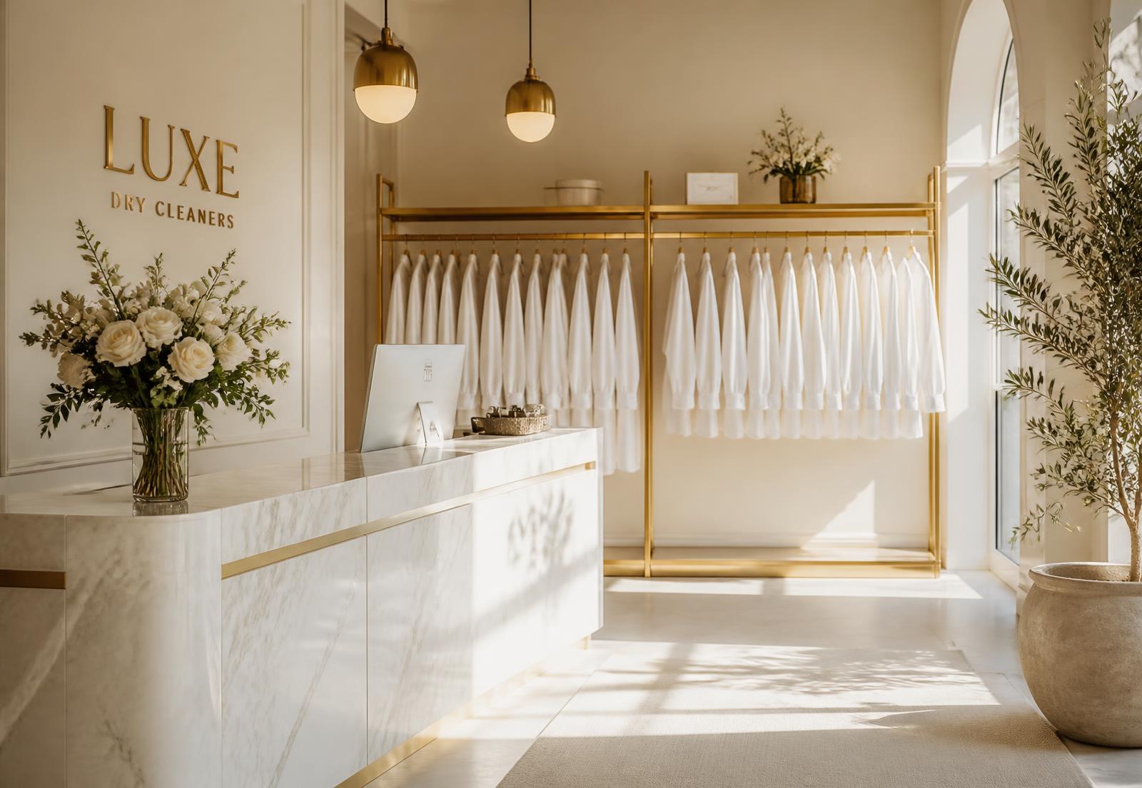 Bright luxury dry cleaning boutique with pressed white shirts on brass rails